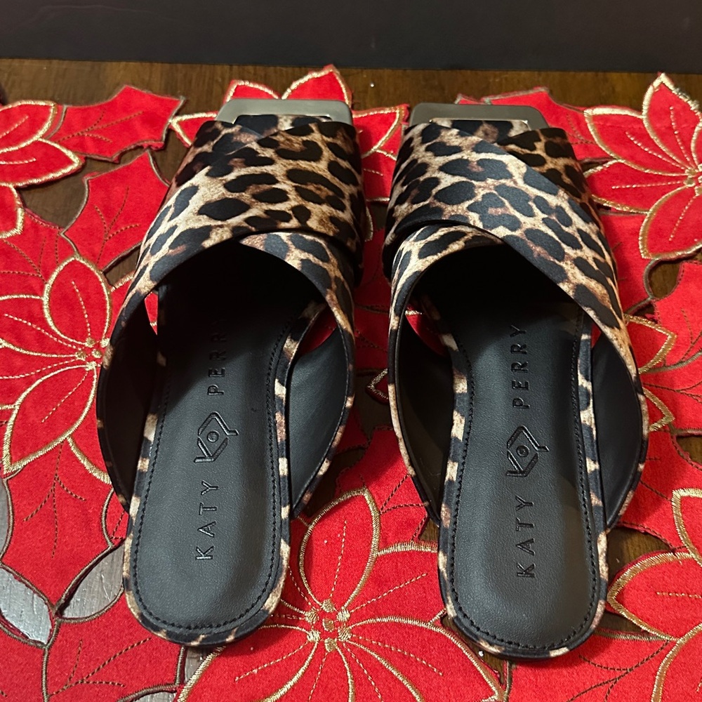 Katy Perry The Checked in Slide Leopard Print Satin Coffee Size 8M - Picture 4 of 6